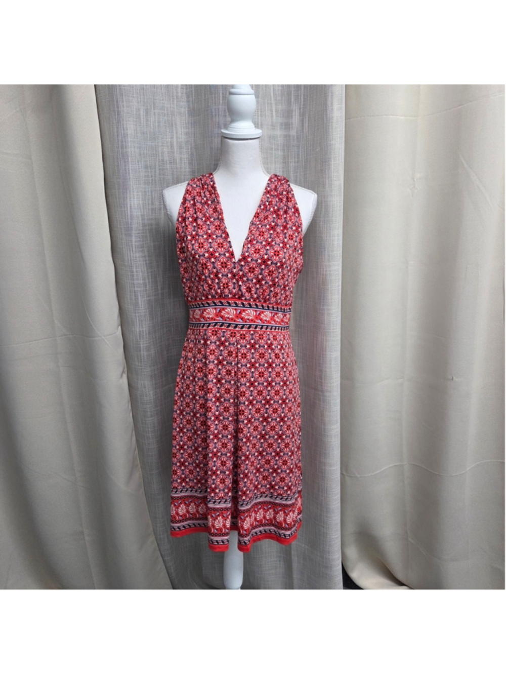 Max Studio Red Printed V-Neck Midi Dress Halter Summer Size S